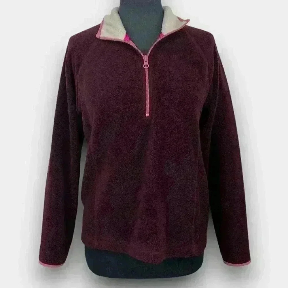 Jalouze Women’s Half Zip Fleece Pullover M Burgundy Sherpa Collar Raglan